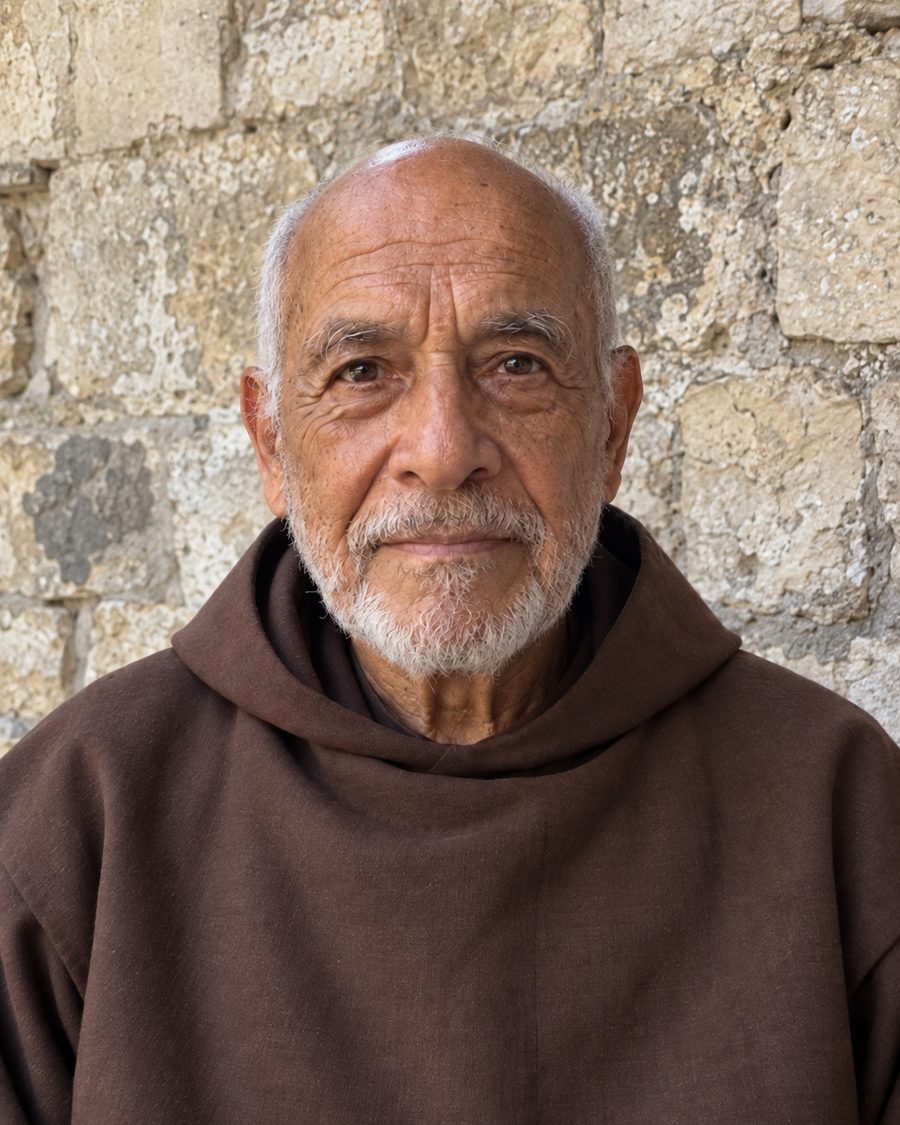 Hermano Anselmo, un monje de 74 años con hábito café, frente a un muro de piedra.